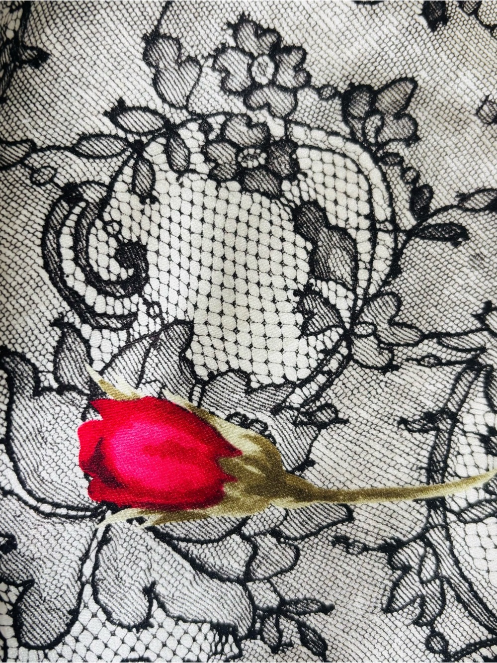 august silk Black Lace Blouse with Red Floral Accent